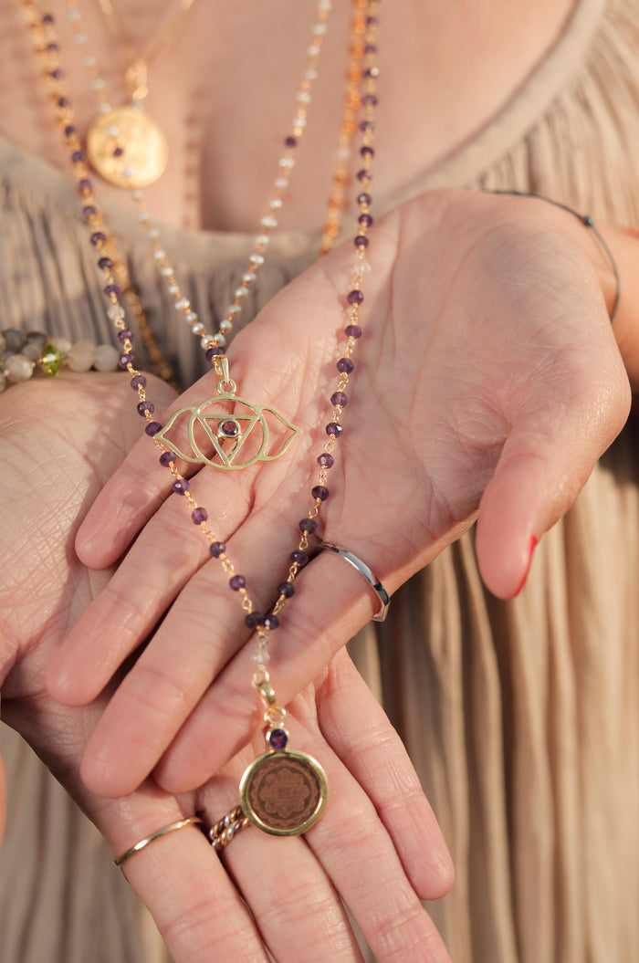 Amethyst and Crystal Sri Yantra Necklace - The Sattva Collection