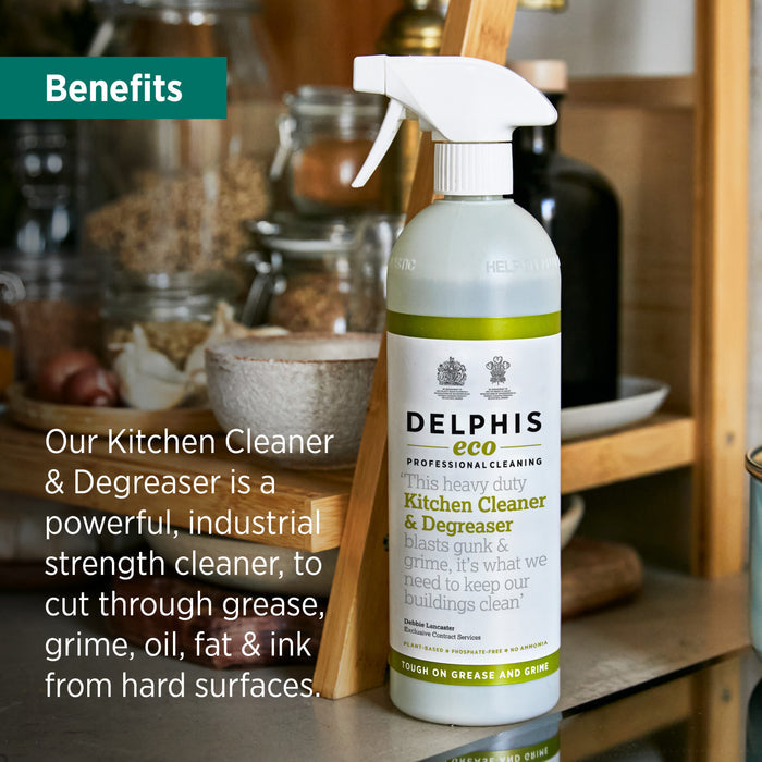 A bottle of Delphis eco Kitchen Cleaner & Degreaser standing on a kitchen shelf, with overlaid marketing text and a teal 'Benefits' banner. The product bottle is white with green and black labeling, and the background shows a softly blurred kitchen interior.