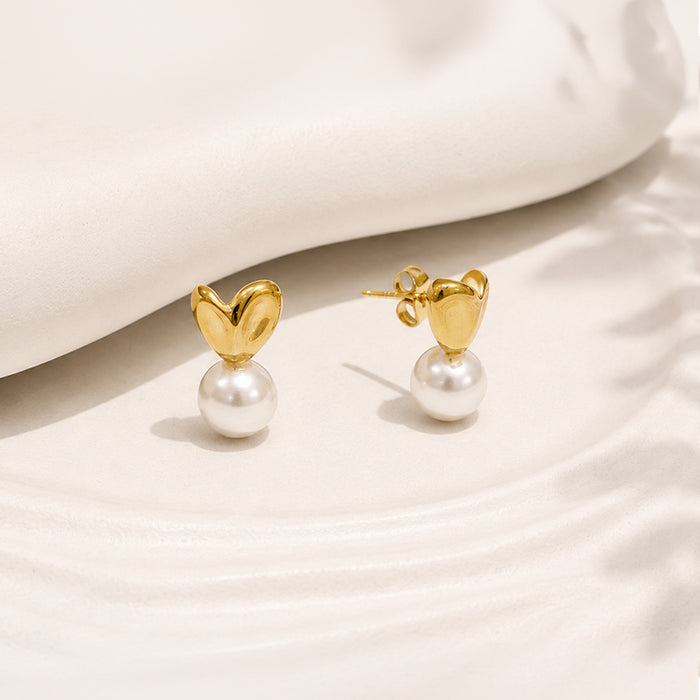 Lustrous Heart Pearl Gold Plated Studs