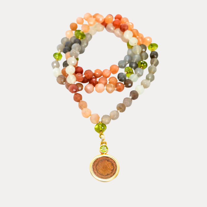 Moonstone & Peridot  Counterbeads Sri Yantra Japa Mala