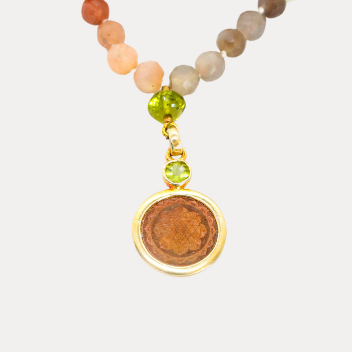 Moonstone & Peridot  Counterbeads Sri Yantra Japa Mala